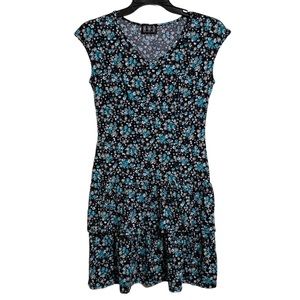 NWD Black with Blue White Floral Pattern Layered Ruffle Hem Dress Size M